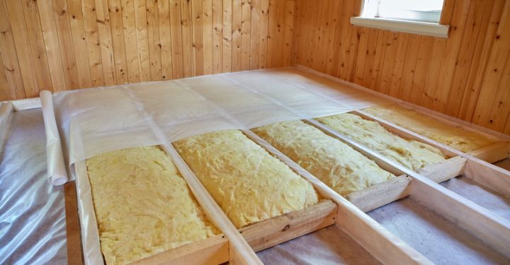 Underfloor Insulation using fiberglass to prevent heat loss as well as prevent your pipes from getting frozen